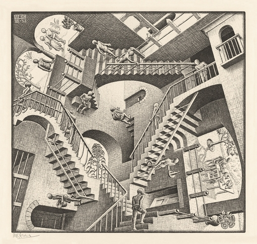 图 51  M.C.埃舍尔（M. C. Escher）《相对性》Relativity，1953.png