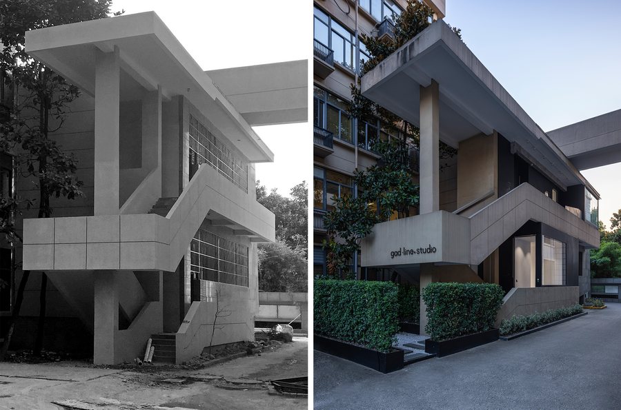 11 改造前阶梯教室的外挂楼梯（左），改造后作为事务所主入口（右 摄影：潘杰）_调整大小.png