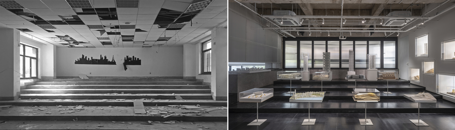 33 改造前废弃的阶梯教室（左），改造后的多功能展厅（右，摄影：潘杰）_调整大小.png